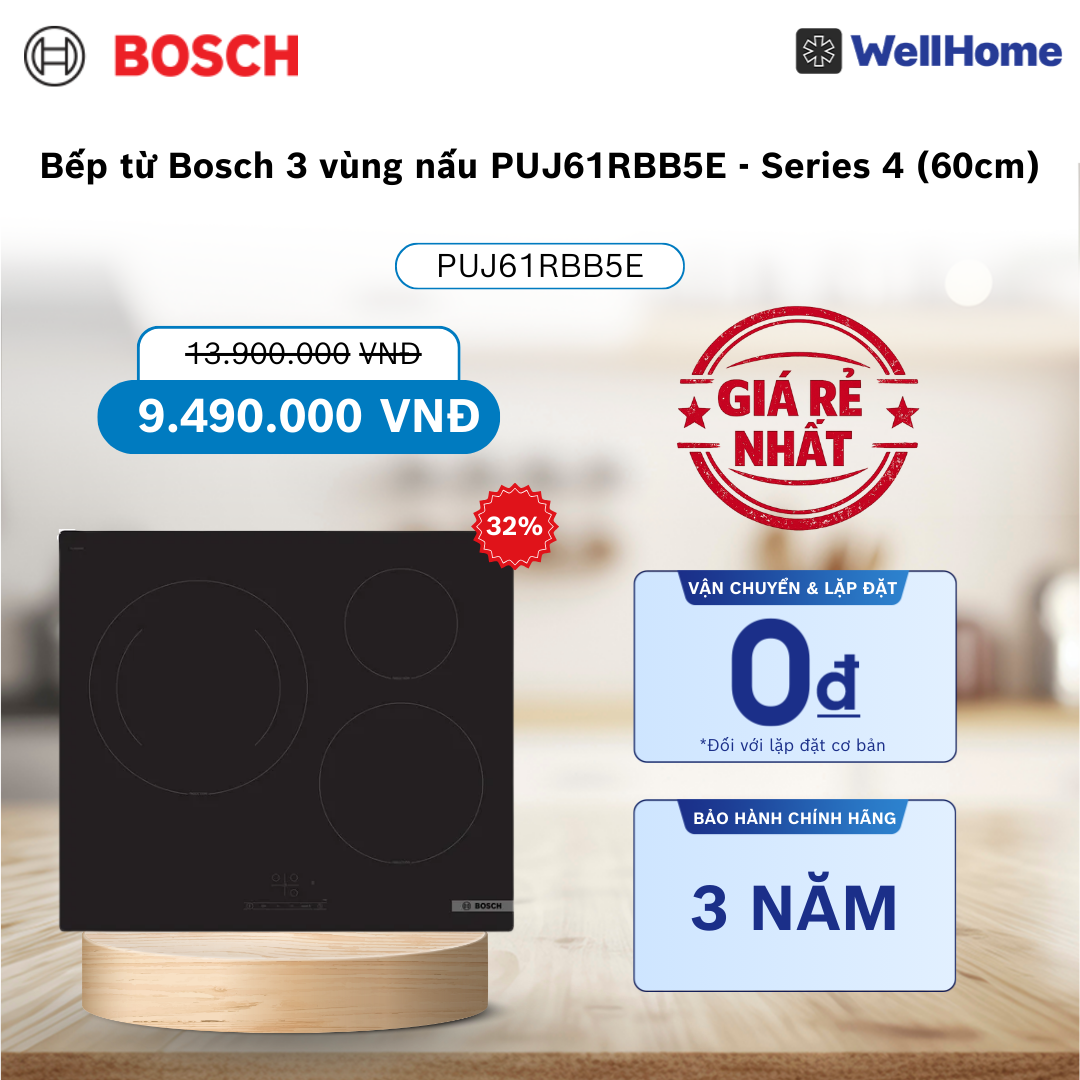  Bếp từ Bosch 3 vùng nấu PUJ61RBB5E - Series 4 (60cm) 