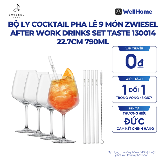 BỘ LY COCKTAIL PHA LÊ 9 MÓN ZWIESEL AFTER WORK DRINKS SET TASTE 130014 22.7CM 790ML 