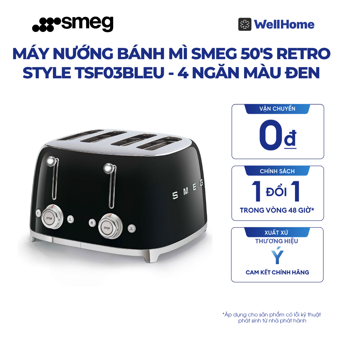  MÁY NƯỚNG BÁNH MÌ SMEG 50'S RETRO STYLE TSF03BLEU - 4 NGĂN MÀU ĐEN 