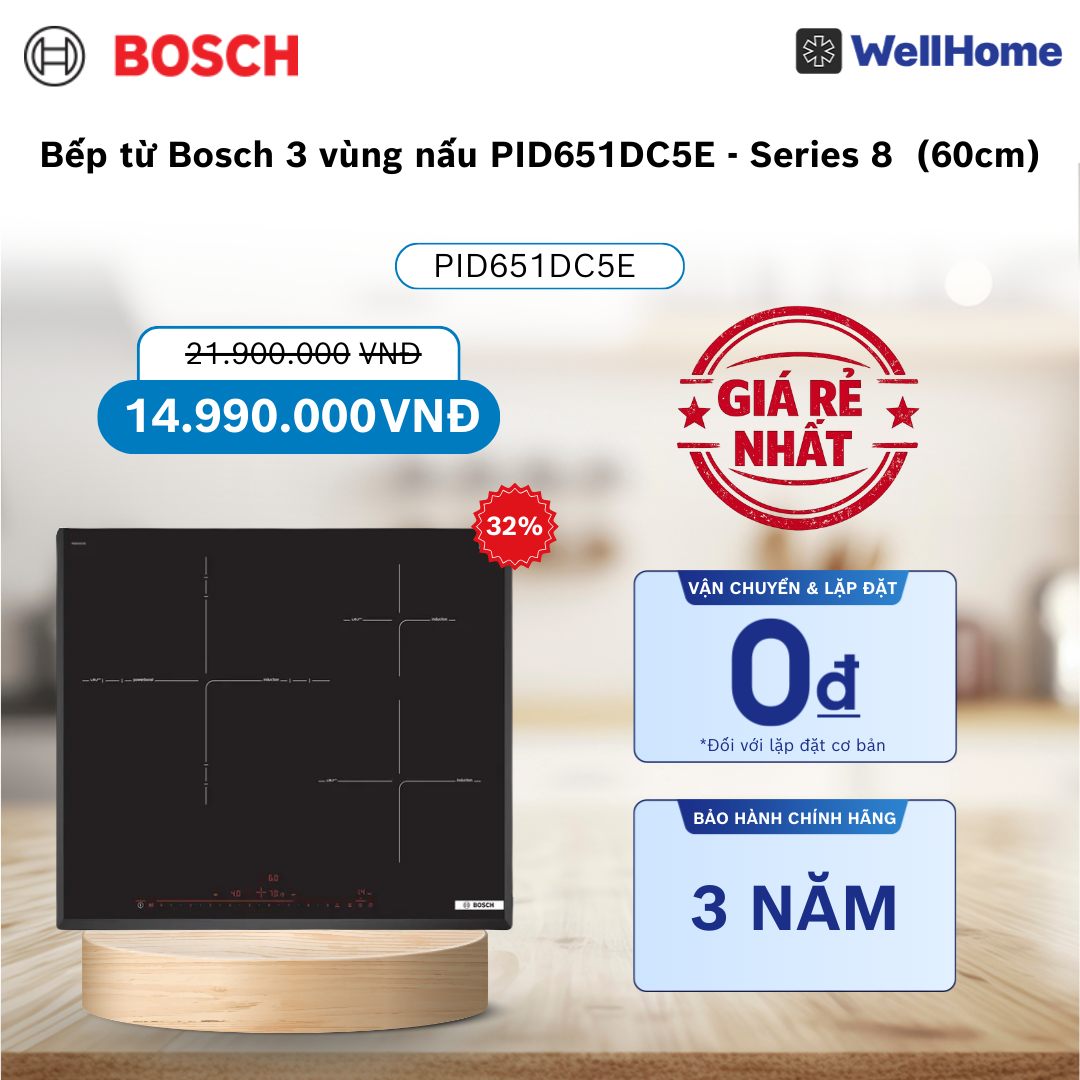  Bếp từ Bosch 3 vùng nấu PID651DC5E - Series 8  (60cm) 
