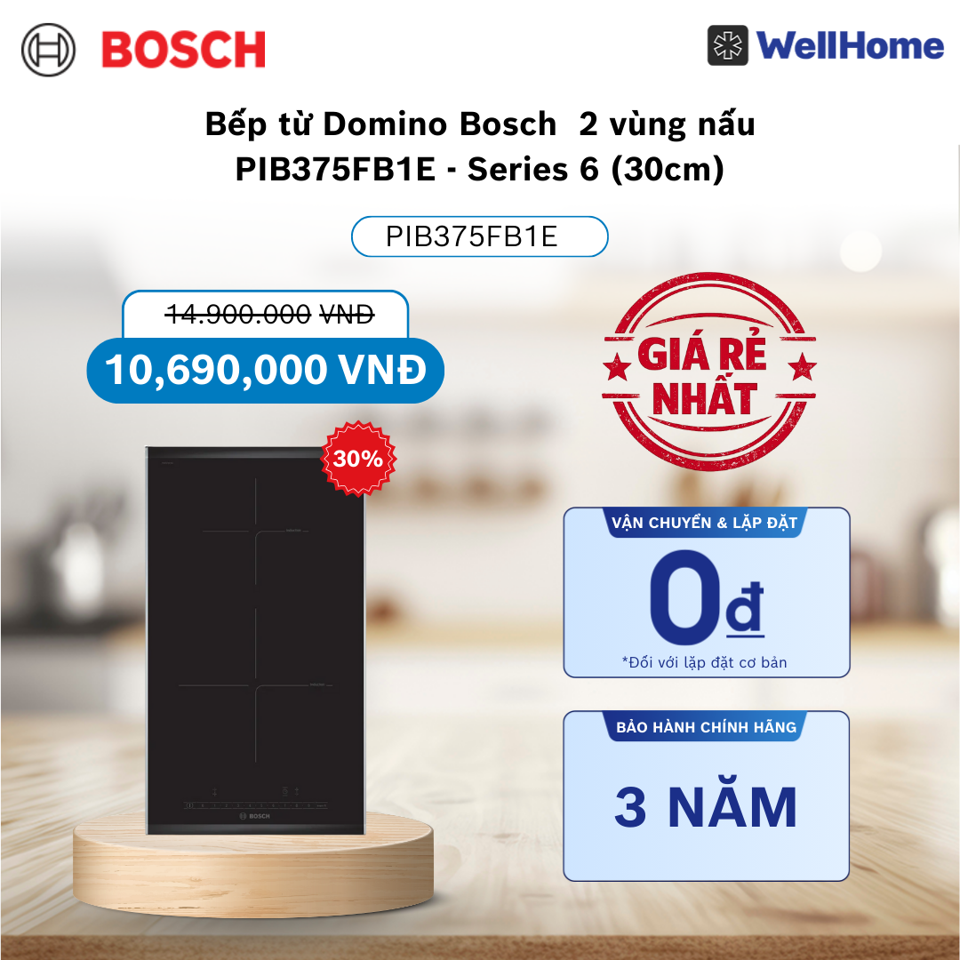  Bếp từ Domino Bosch 2 vùng nấu PIB375FB1E - Series 6 (30cm) 