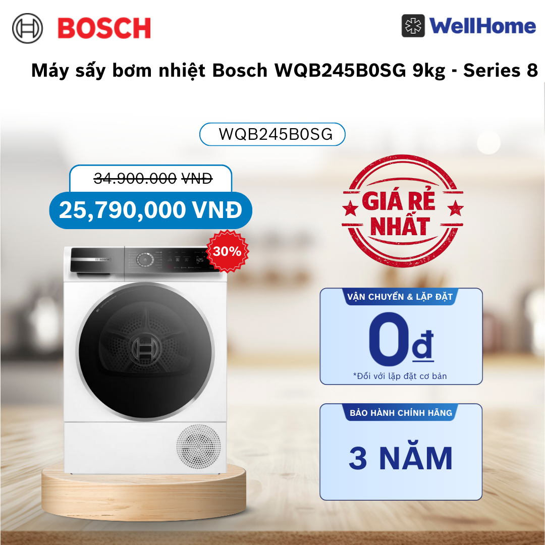  Máy sấy bơm nhiệt Bosch WQB245B0SG 9kg - Series 8 