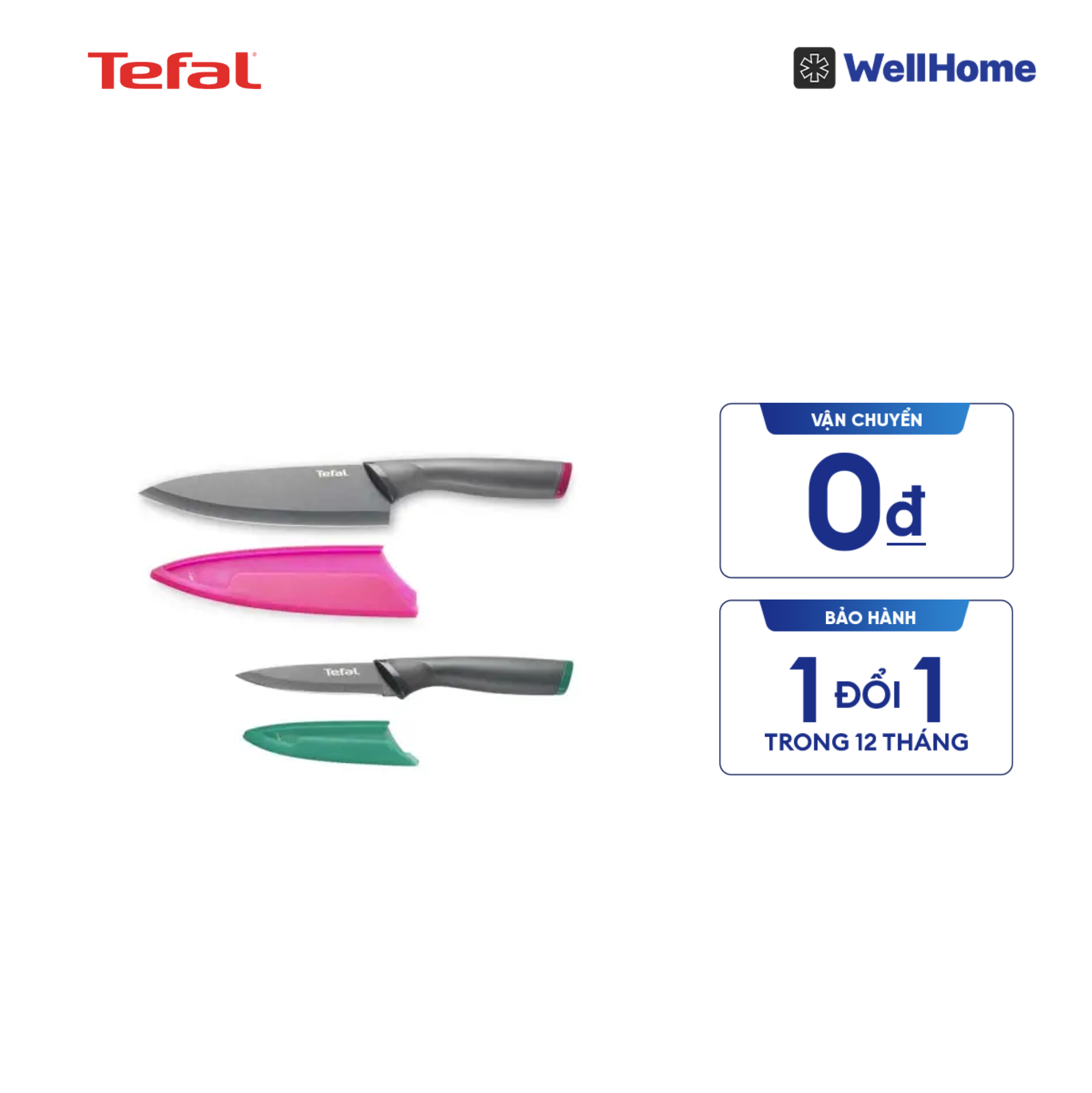  Bộ 2 dao phủ chống dính Tefal Fresh Kitchen K122S205, Santoku 12cm/đầu bếp 15cm 