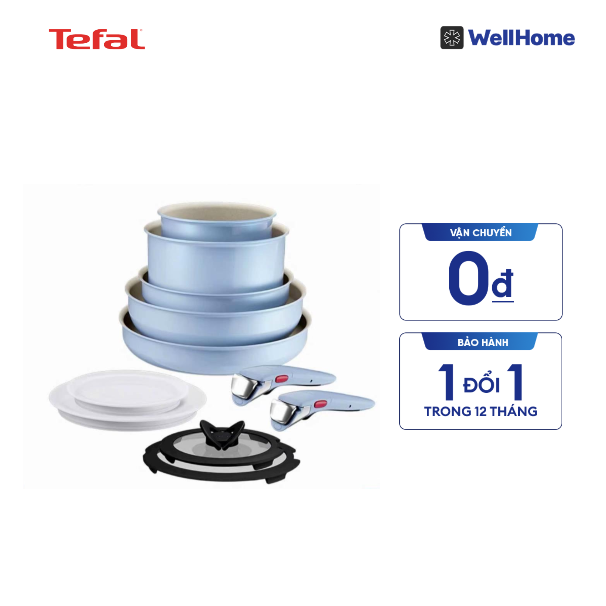  Bộ 5 nồi chảo 2 cán rời Tefal Ingenio Serenity L827SB04, 16/20/22/26/28cm, 4 nắp 16/20, xanh dương 