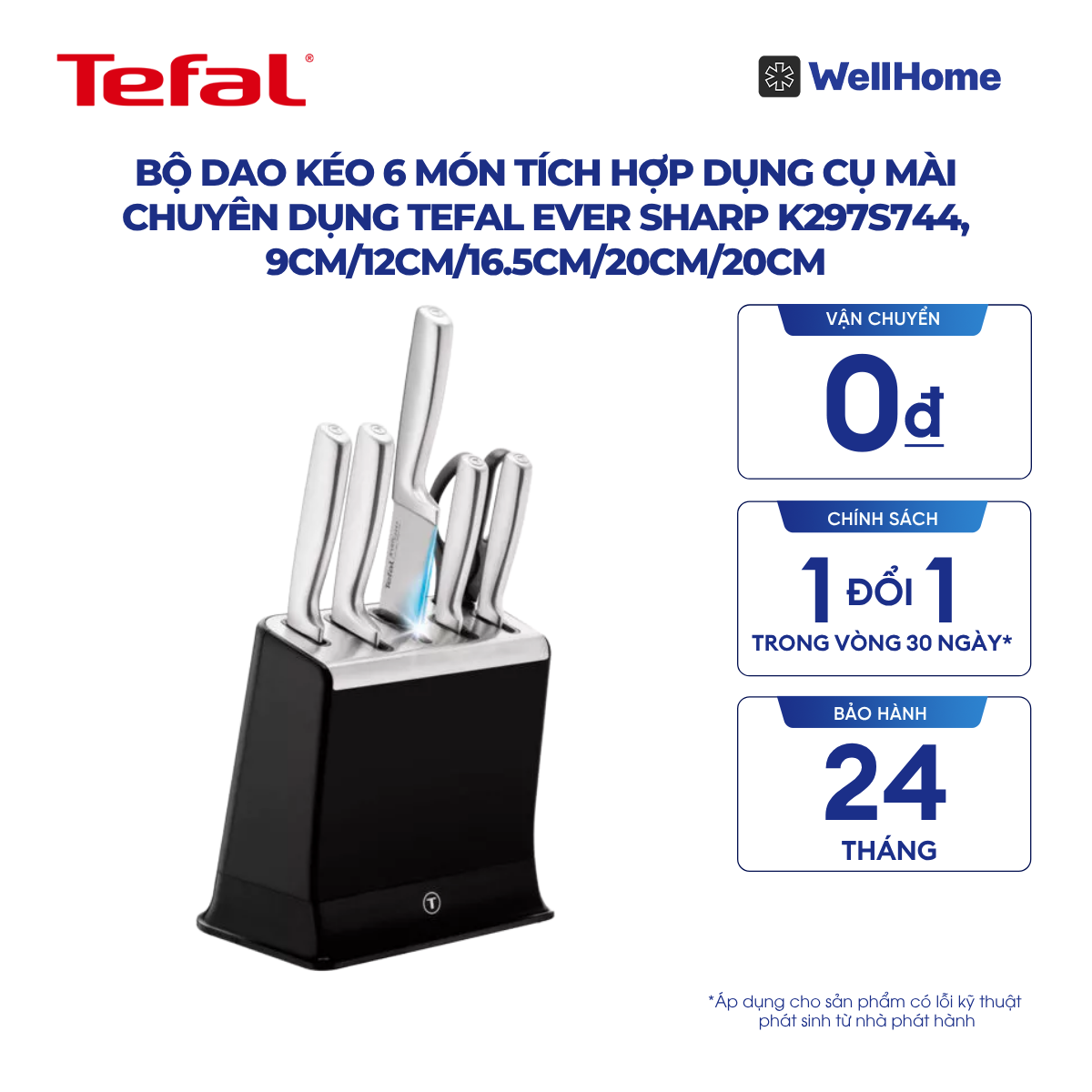  Bộ dao kéo 6 món tích hợp dụng cụ mài chuyên dụng Tefal Ever Sharp K297S744, 9cm/12cm/16.5cm/20cm/20cm 