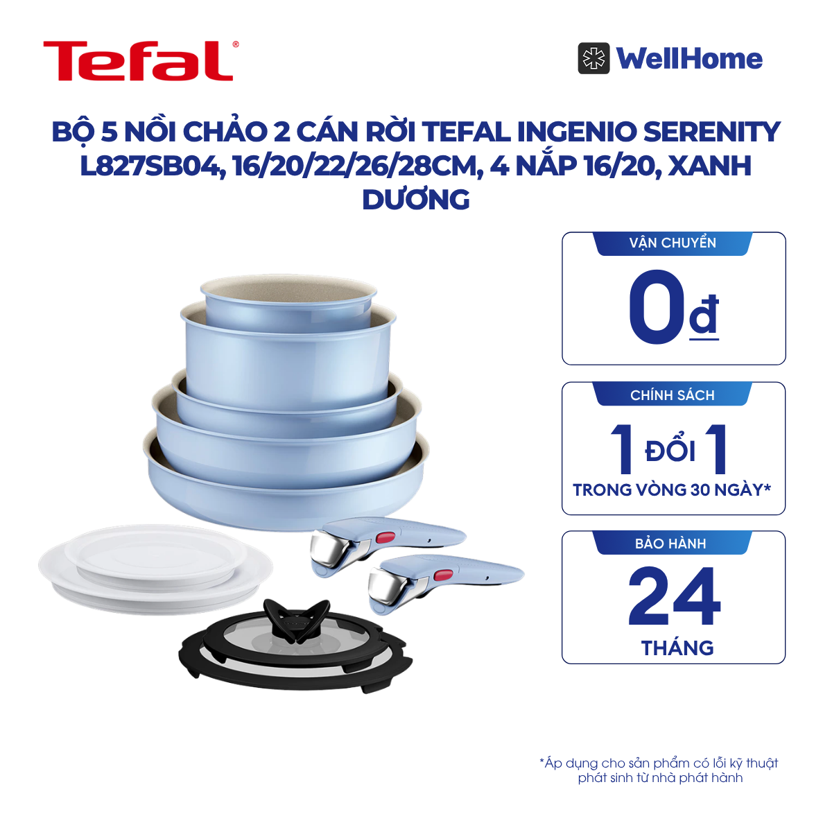  Bộ 5 nồi chảo 2 cán rời Tefal Ingenio Serenity L827SB04, 16/20/22/26/28cm, 4 nắp 16/20, xanh dương 