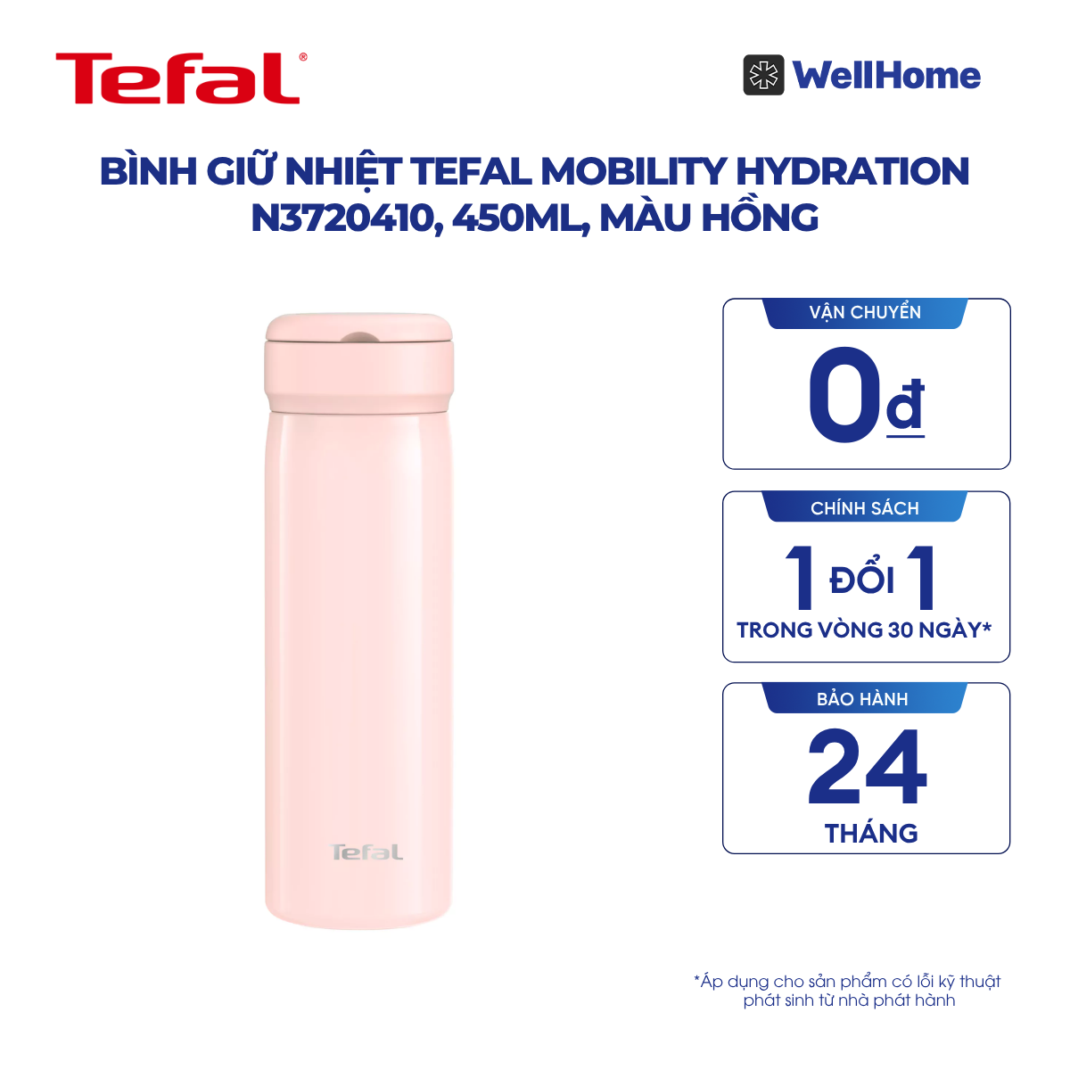  Bình giữ nhiệt Tefal Mobility Hydration N3720410, 450ml, màu hồng 