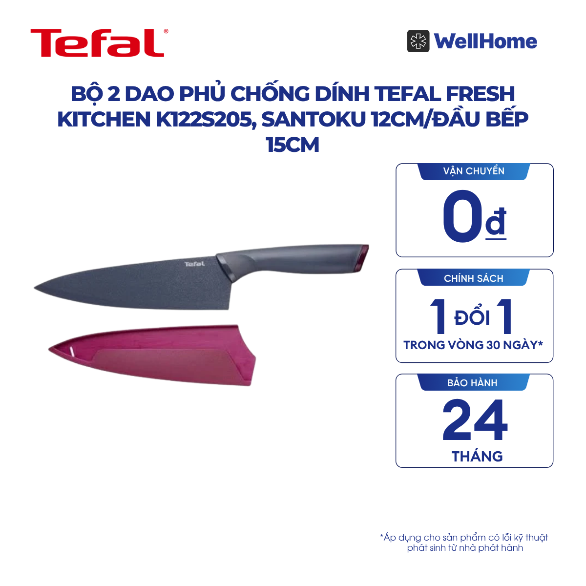  Bộ 2 dao phủ chống dính Tefal Fresh Kitchen K122S205, Santoku 12cm/đầu bếp 15cm 