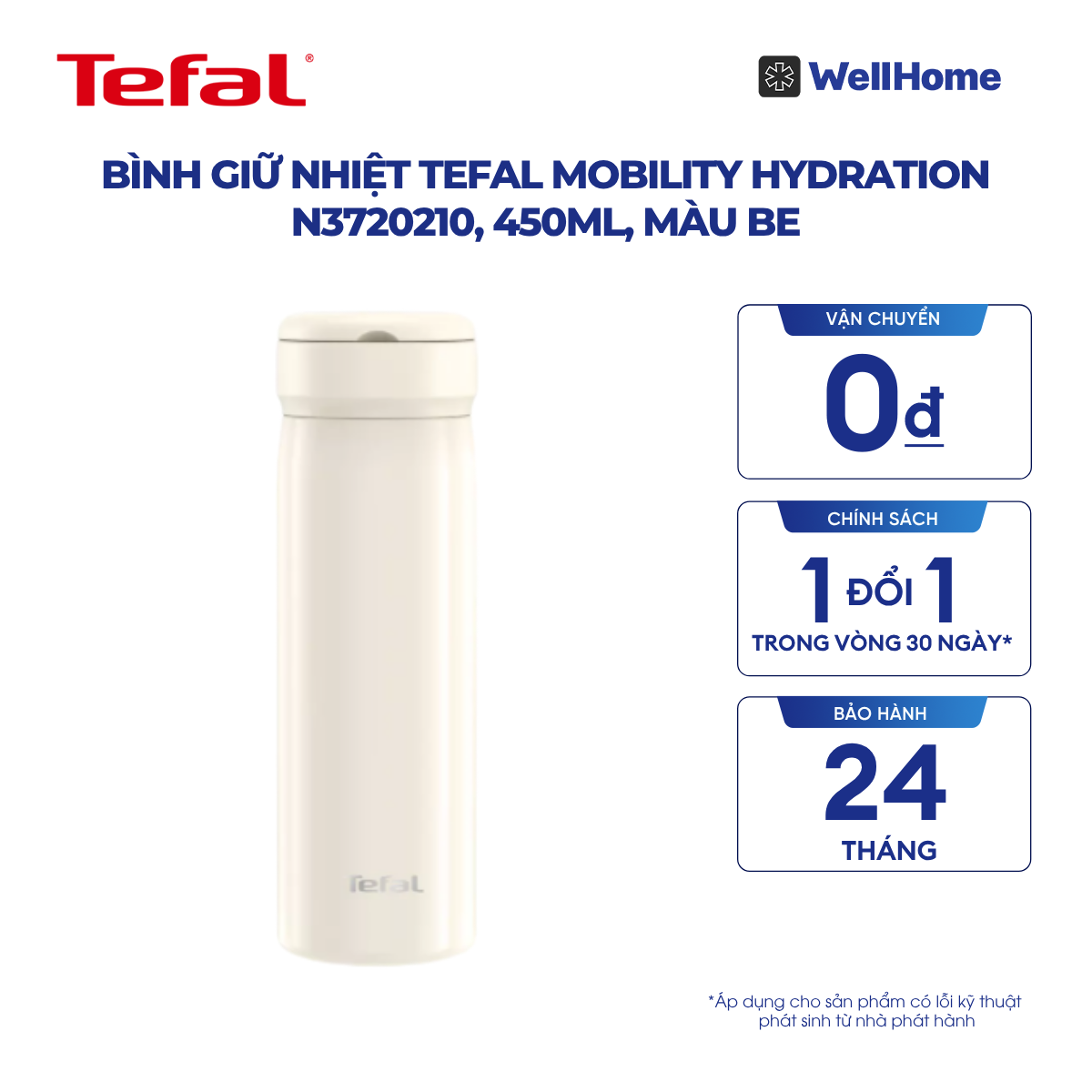  Bình giữ nhiệt Tefal Mobility Hydration N3720210, 450ml, màu be 