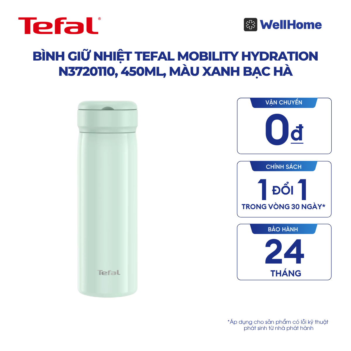  Bình giữ nhiệt Tefal Mobility Hydration N3720110, 450ml, màu xanh bạc hà 