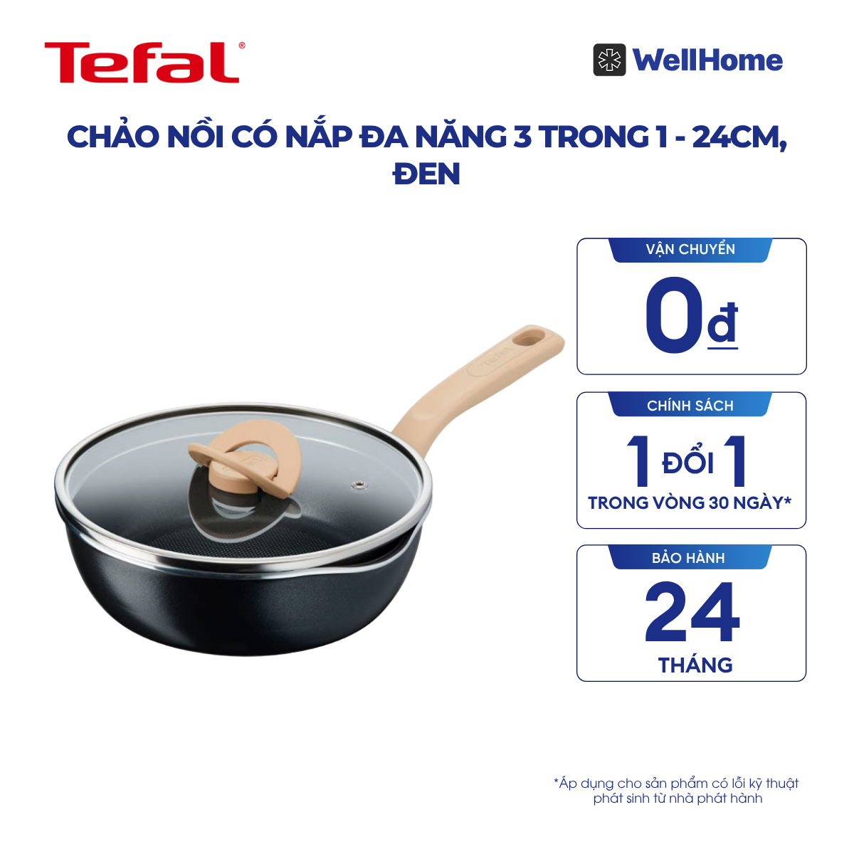  Chảo nồi có nắp đa năng 3 trong 1 - 24cm, đen 