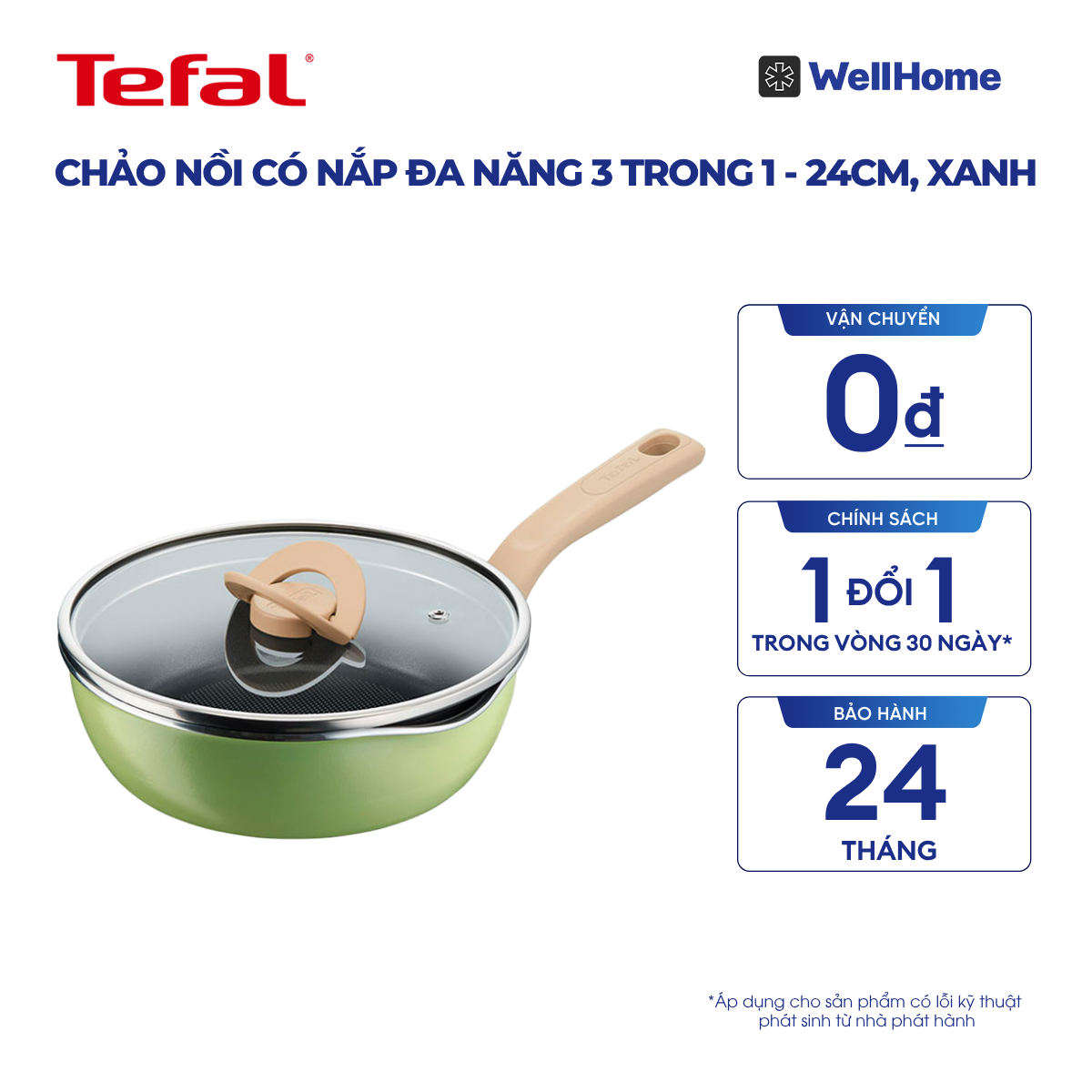  Chảo nồi có nắp đa năng 3 trong 1 - 24cm, xanh 