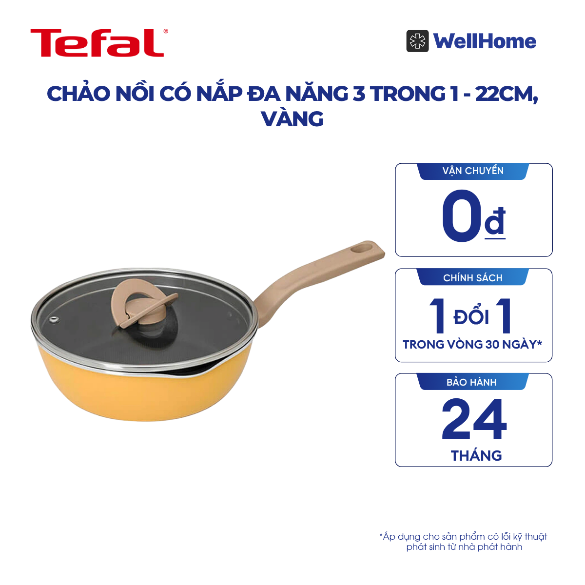  Chảo nồi có nắp đa năng 3 trong 1 - 22cm, vàng 