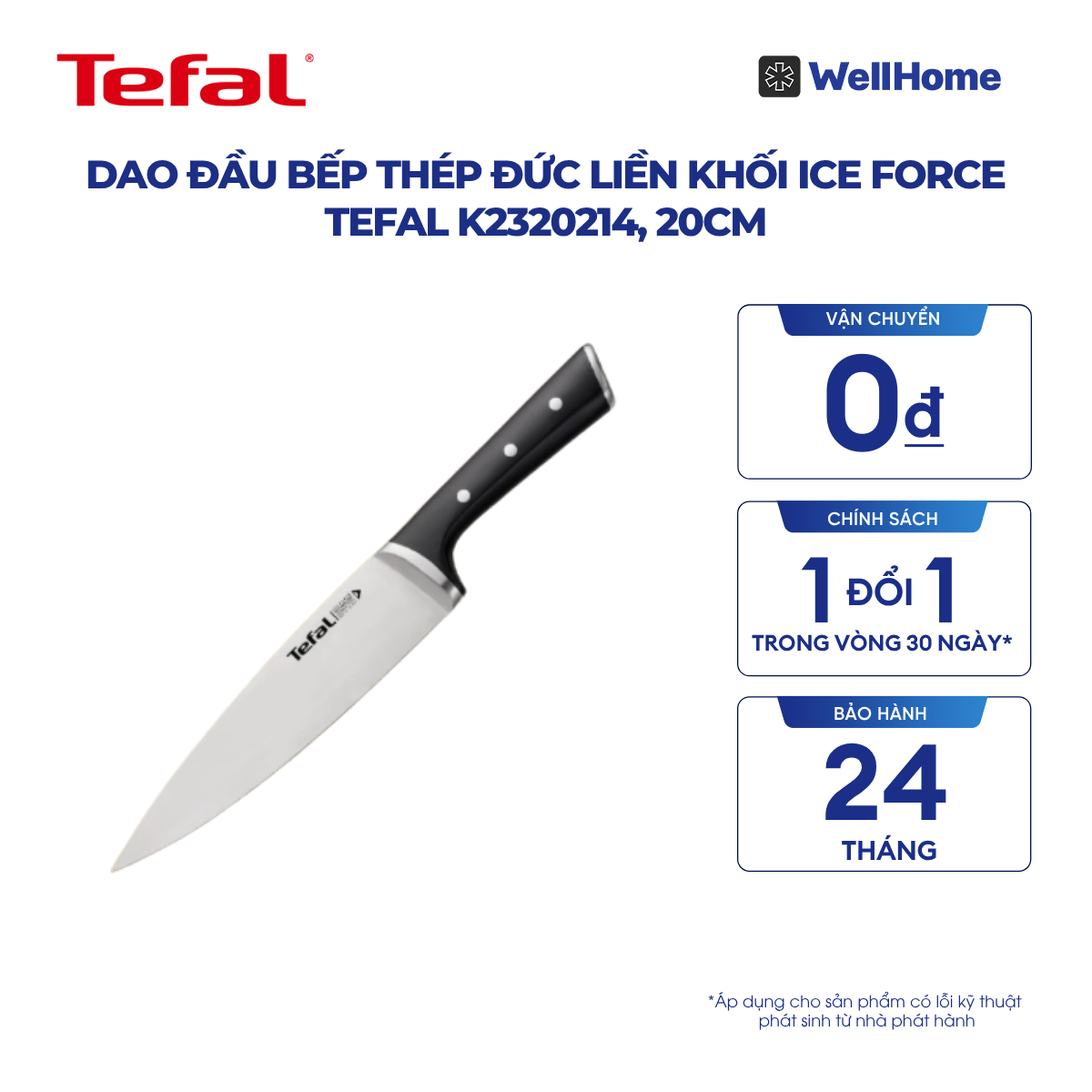  Dao đầu bếp thép Đức liền khối Ice Force Tefal K2320214, 20cm 