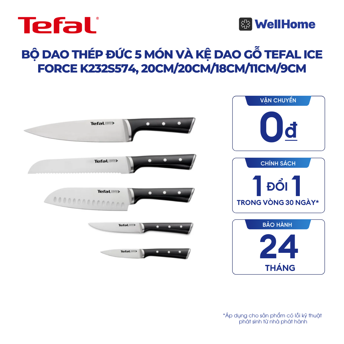  Bộ dao thép Đức 5 món và kệ dao gỗ Tefal Ice Force K232S574, 20cm/20cm/18cm/11cm/9cm 
