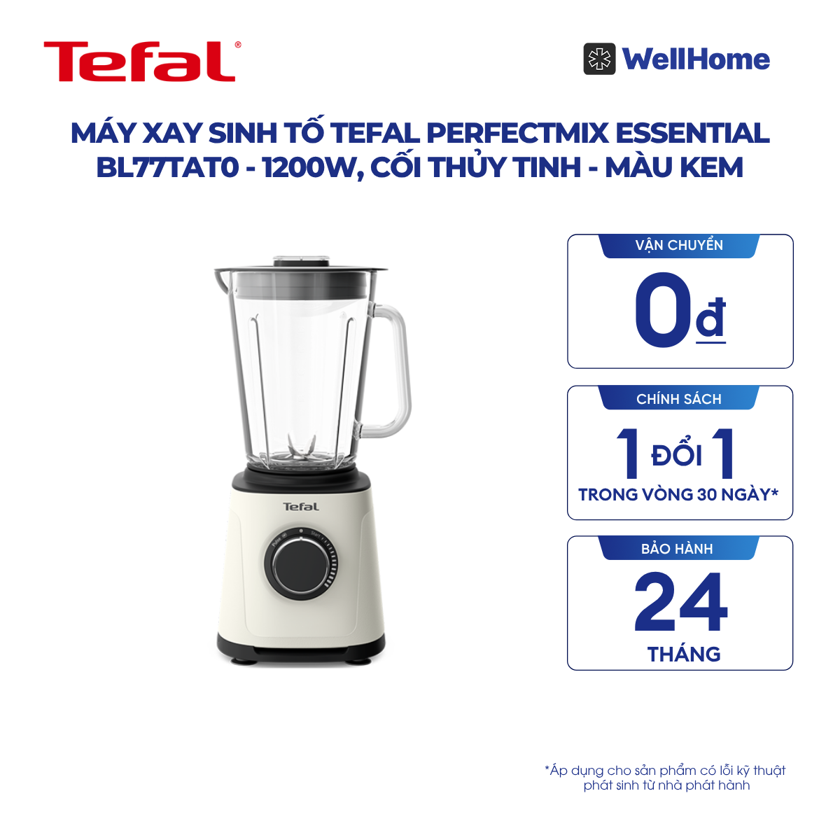  Máy xay sinh tố Tefal PerfectMix Essential BL77TAT0 - 1200W, cối thủy tinh - màu kem 