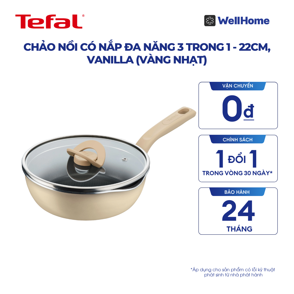  Chảo nồi có nắp đa năng 3 trong 1 - 22cm, vanilla (vàng nhạt) 