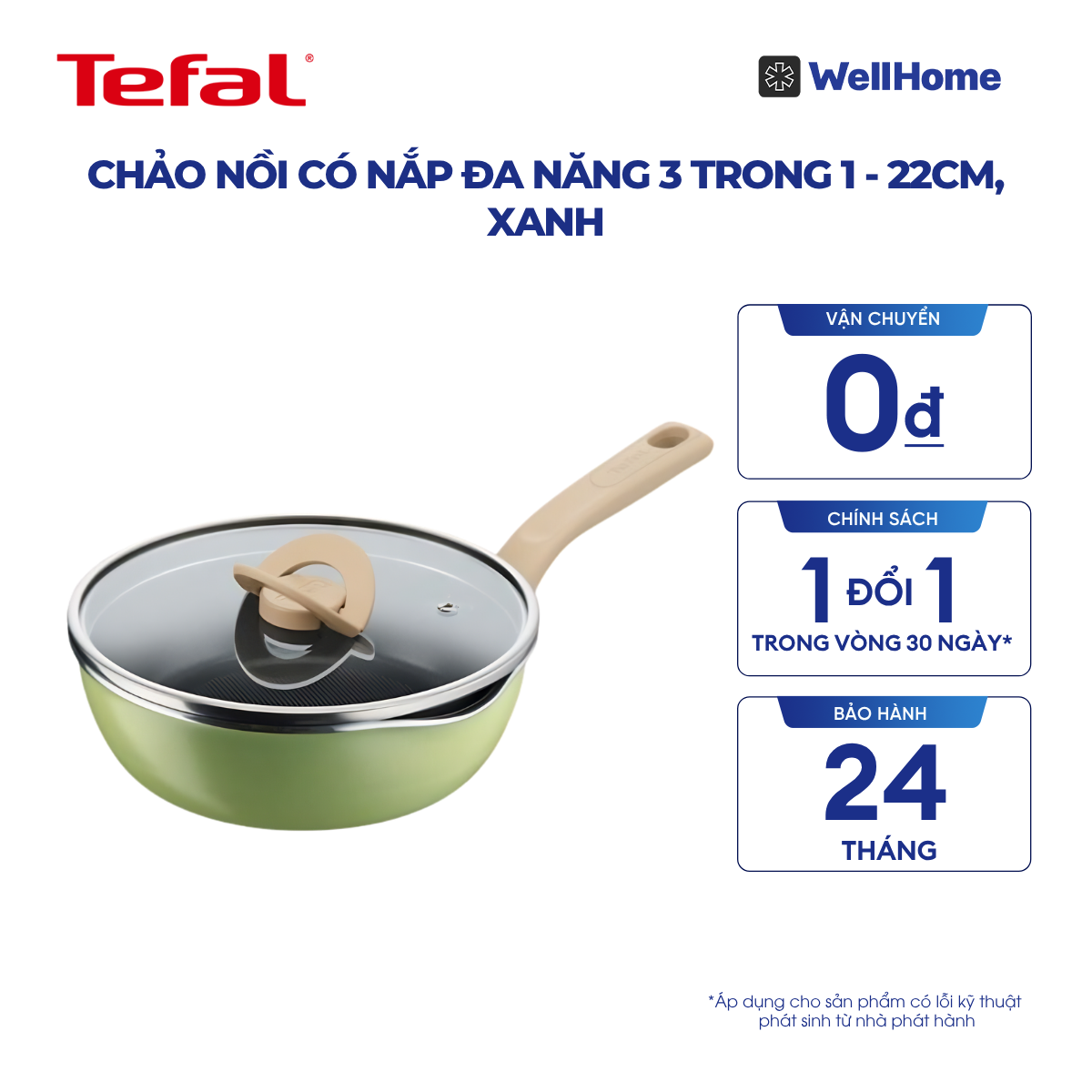 Chảo nồi có nắp đa năng 3 trong 1 - 22cm, xanh 