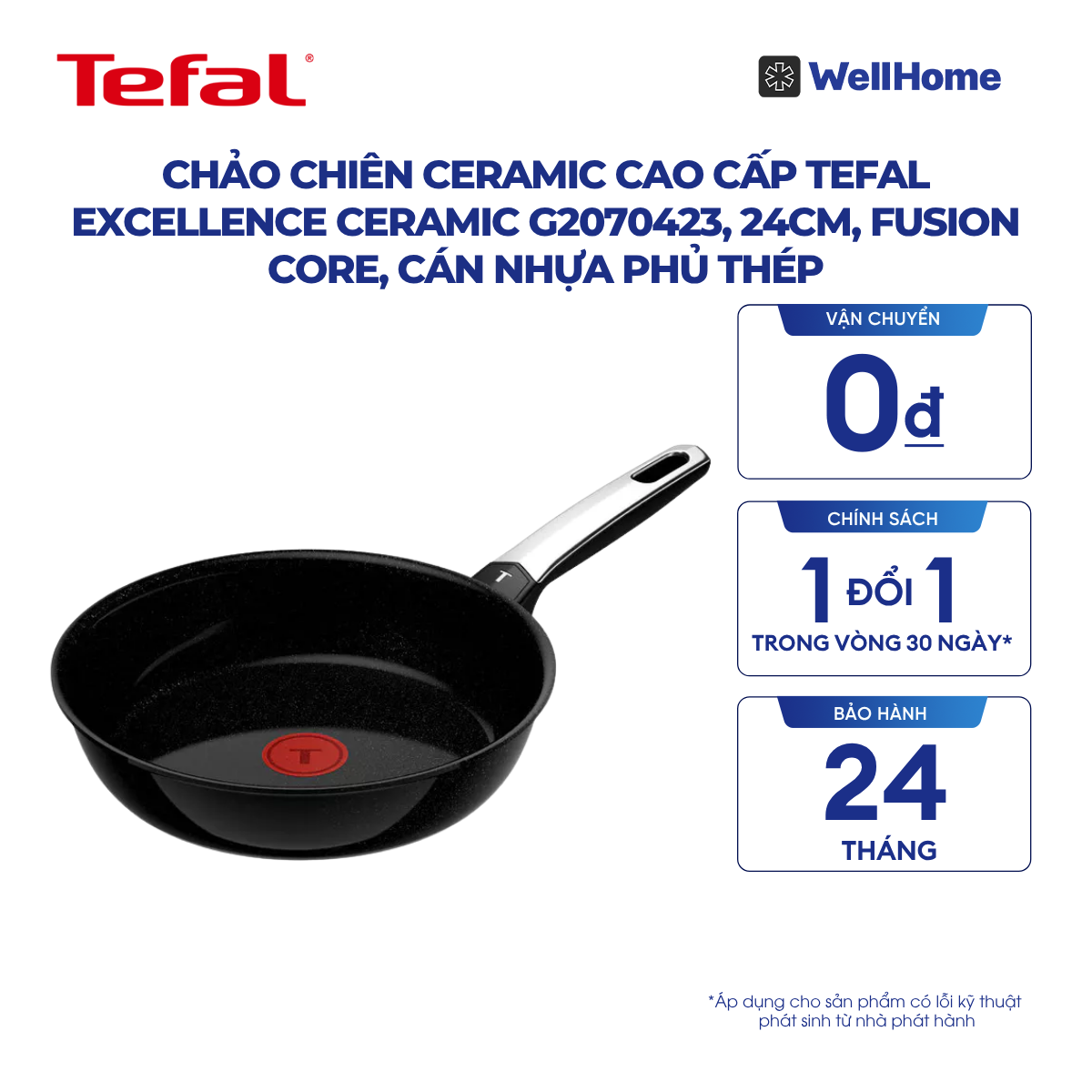  Chảo chiên ceramic cao cấp Tefal EXCELLENCE CERAMIC G2070423, 24cm, Fusion Core, cán nhựa phủ thép 