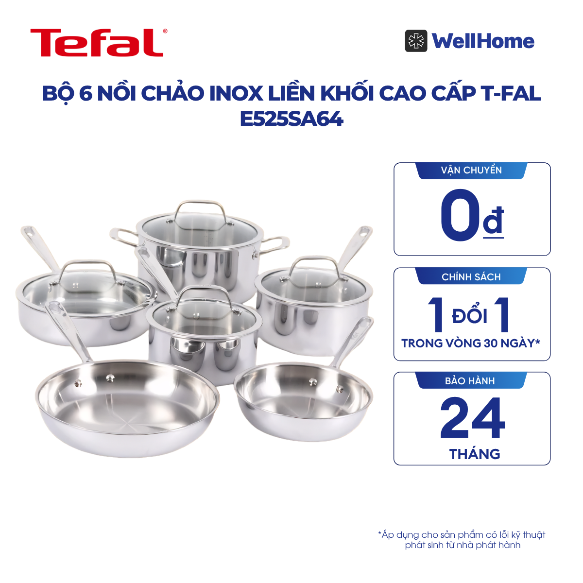  Bộ 6 nồi chảo inox liền khối cao cấp T-fal E525SA64 