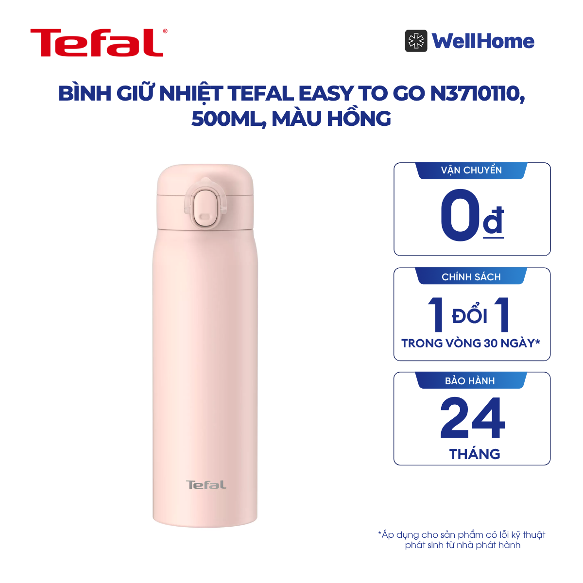  Bình giữ nhiệt Tefal Easy To Go N3710110, 500ml, màu hồng 