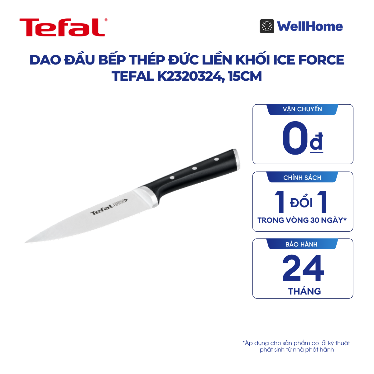  Dao đầu bếp thép Đức liền khối Ice Force Tefal K2320324, 15cm 