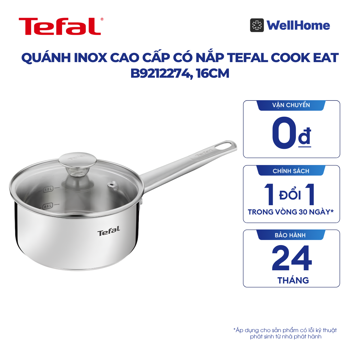  Quánh Inox cao cấp có nắp Tefal Cook Eat B9212274, 16cm 