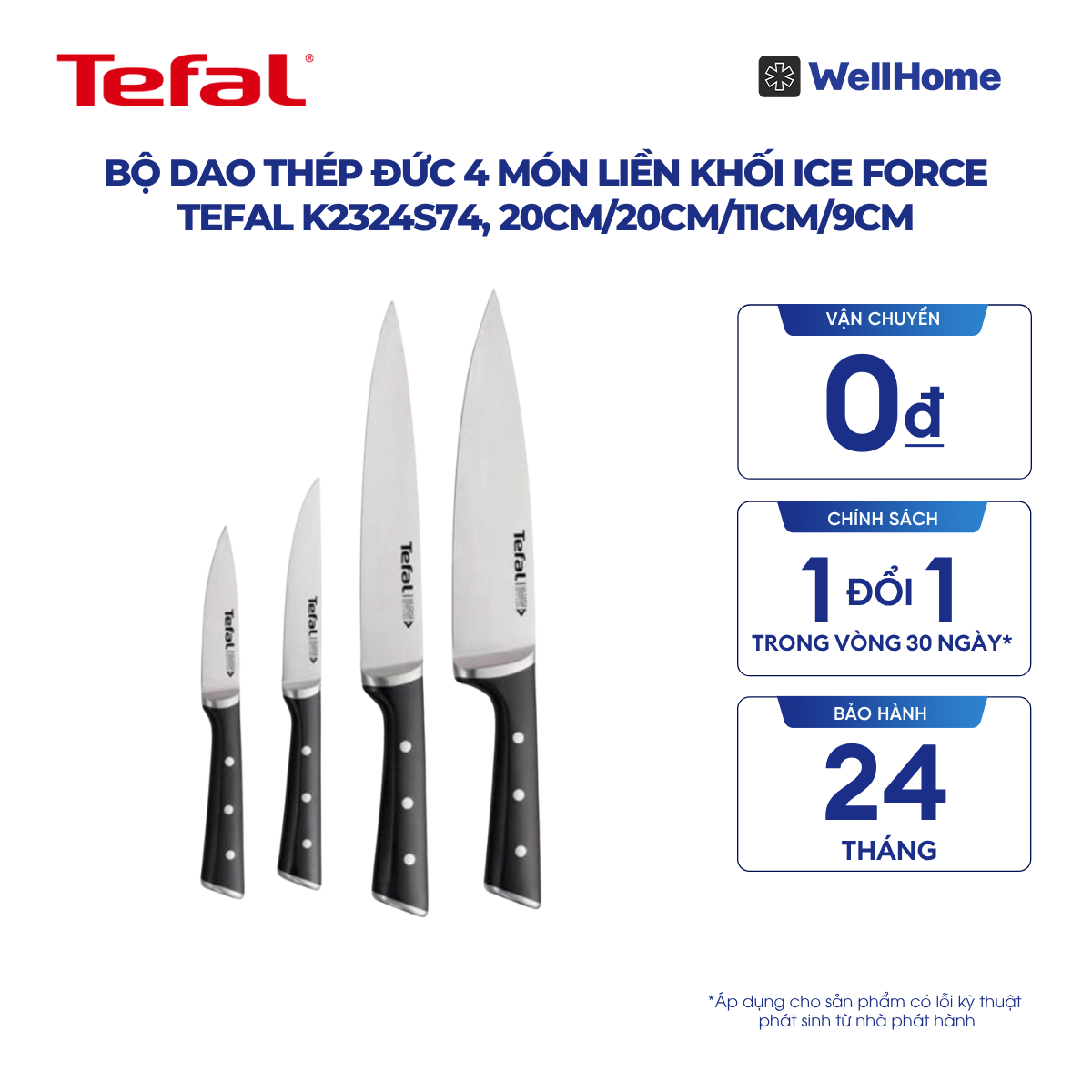  Bộ dao thép Đức 4 món liền khối Ice Force Tefal K2324S74, 20cm/20cm/11cm/9cm 