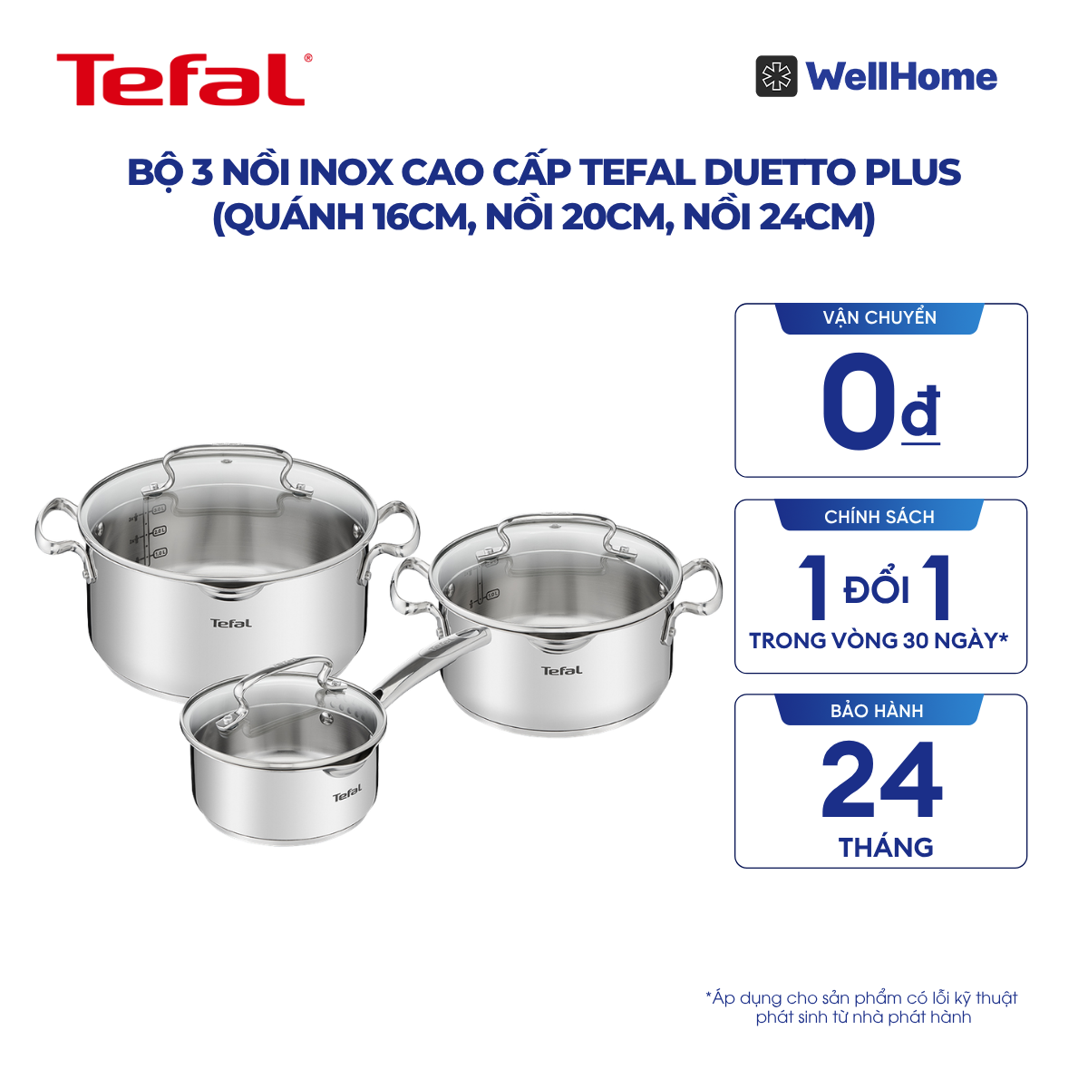  Bộ 3 nồi Inox cao cấp Tefal Duetto Plus (Quánh 16cm, Nồi 20cm, Nồi 24cm) 