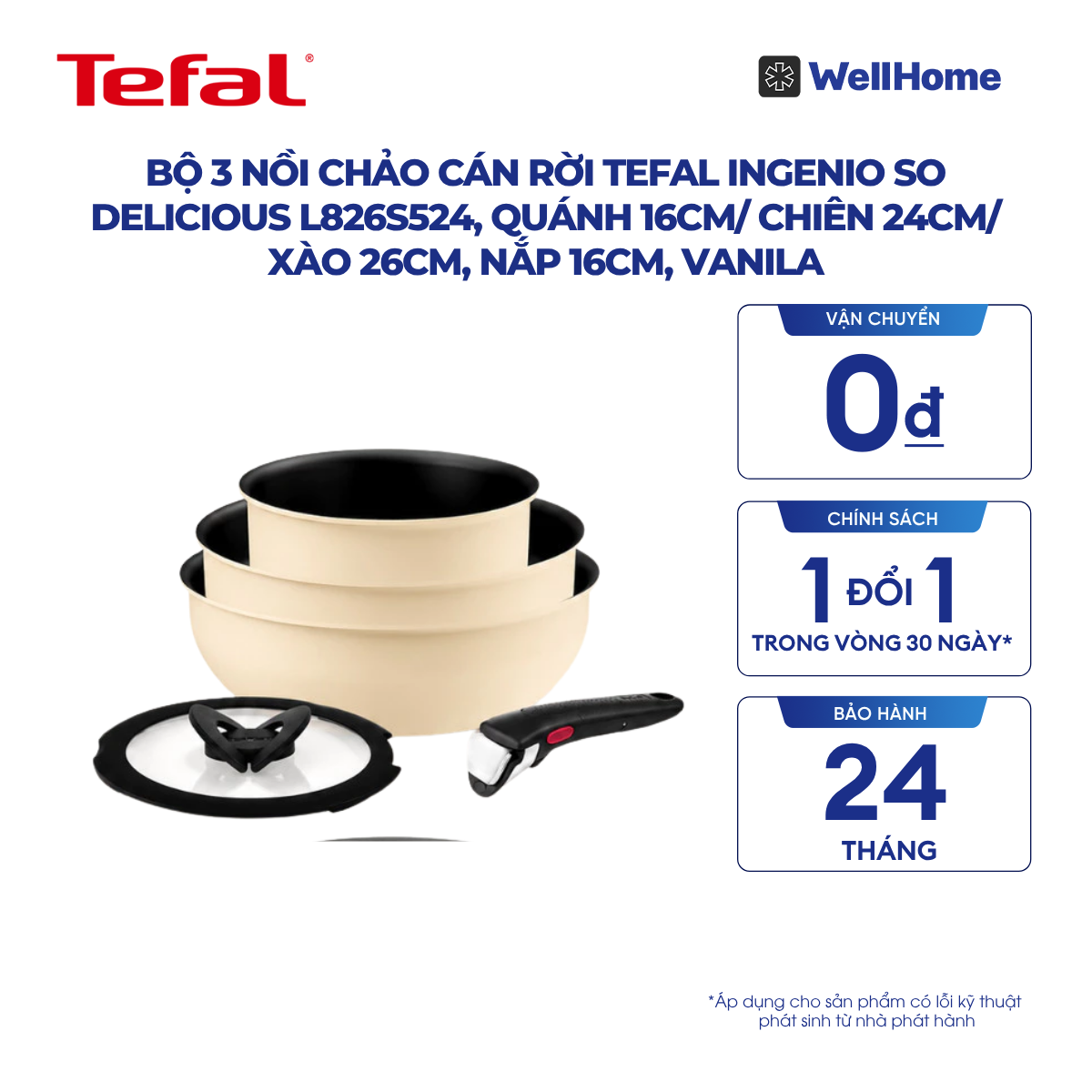  Bộ 3 nồi chảo cán rời Tefal Ingenio So Delicious L826S524, quánh 16cm/ chiên 24cm/ xào 26cm, nắp 16cm, vanila 
