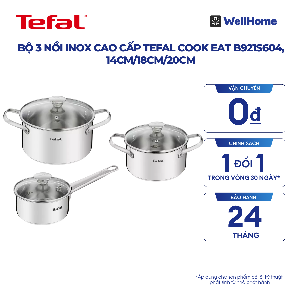 Bộ 3 nồi Inox cao cấp Tefal Cook Eat B921S604, 14cm/18cm/20cm 