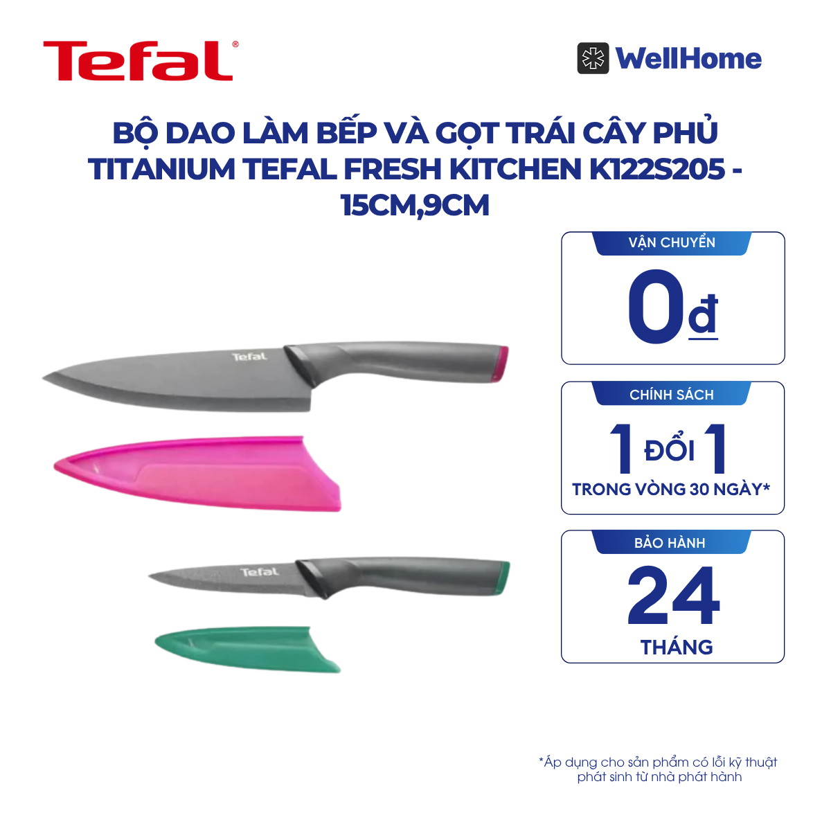  Bộ dao làm bếp và gọt trái cây phủ Titanium Tefal Fresh Kitchen K122S205 - 15cm,9cm 
