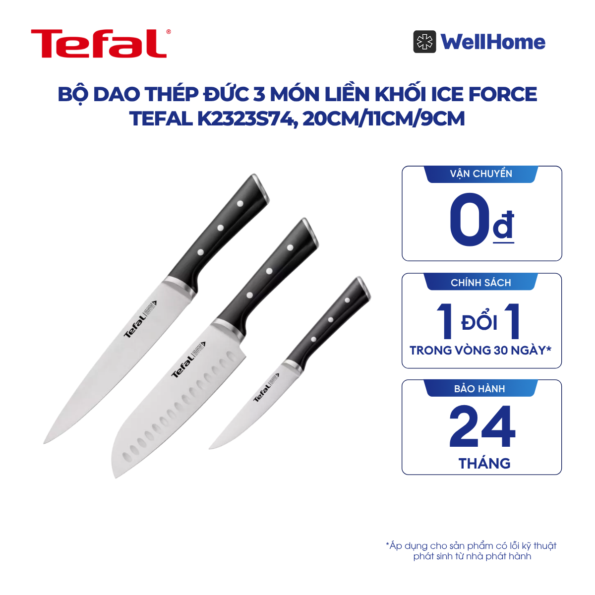  Bộ dao thép Đức 3 món liền khối Ice Force Tefal K2323S74, 20cm/11cm/9cm 
