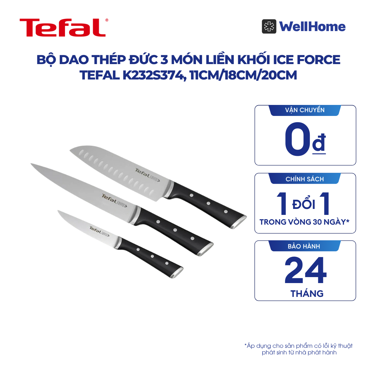 Bộ dao thép Đức 3 món liền khối Ice Force Tefal K232S374, 11cm/18cm/20cm 