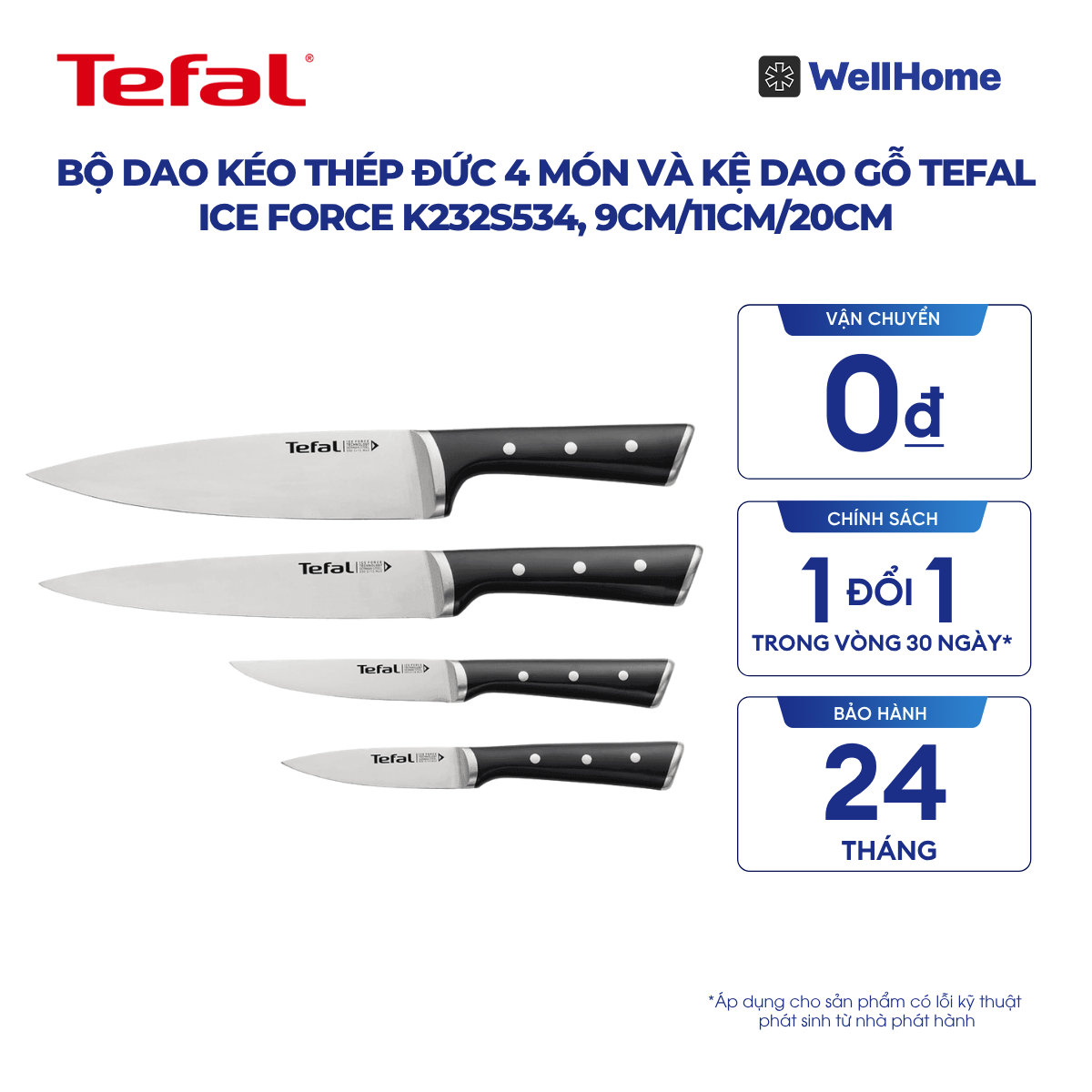 Bộ dao kéo thép Đức 4 món và kệ dao gỗ Tefal Ice Force K232S534, 9cm/11cm/20cm 