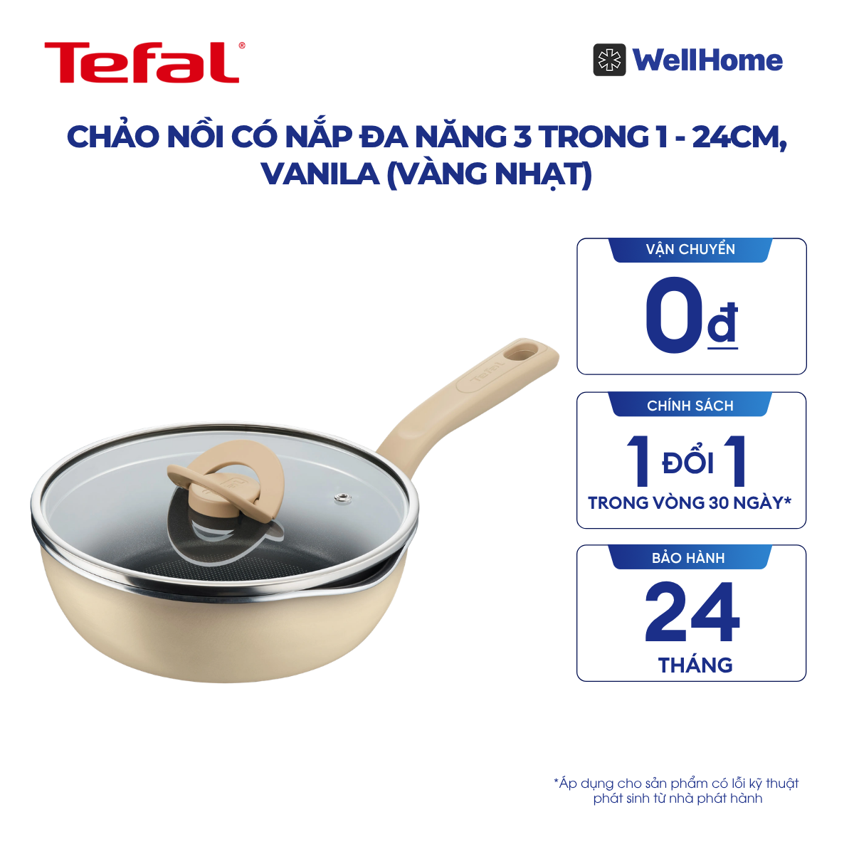  Chảo nồi có nắp đa năng 3 trong 1 - 24cm, vanila (vàng nhạt) 