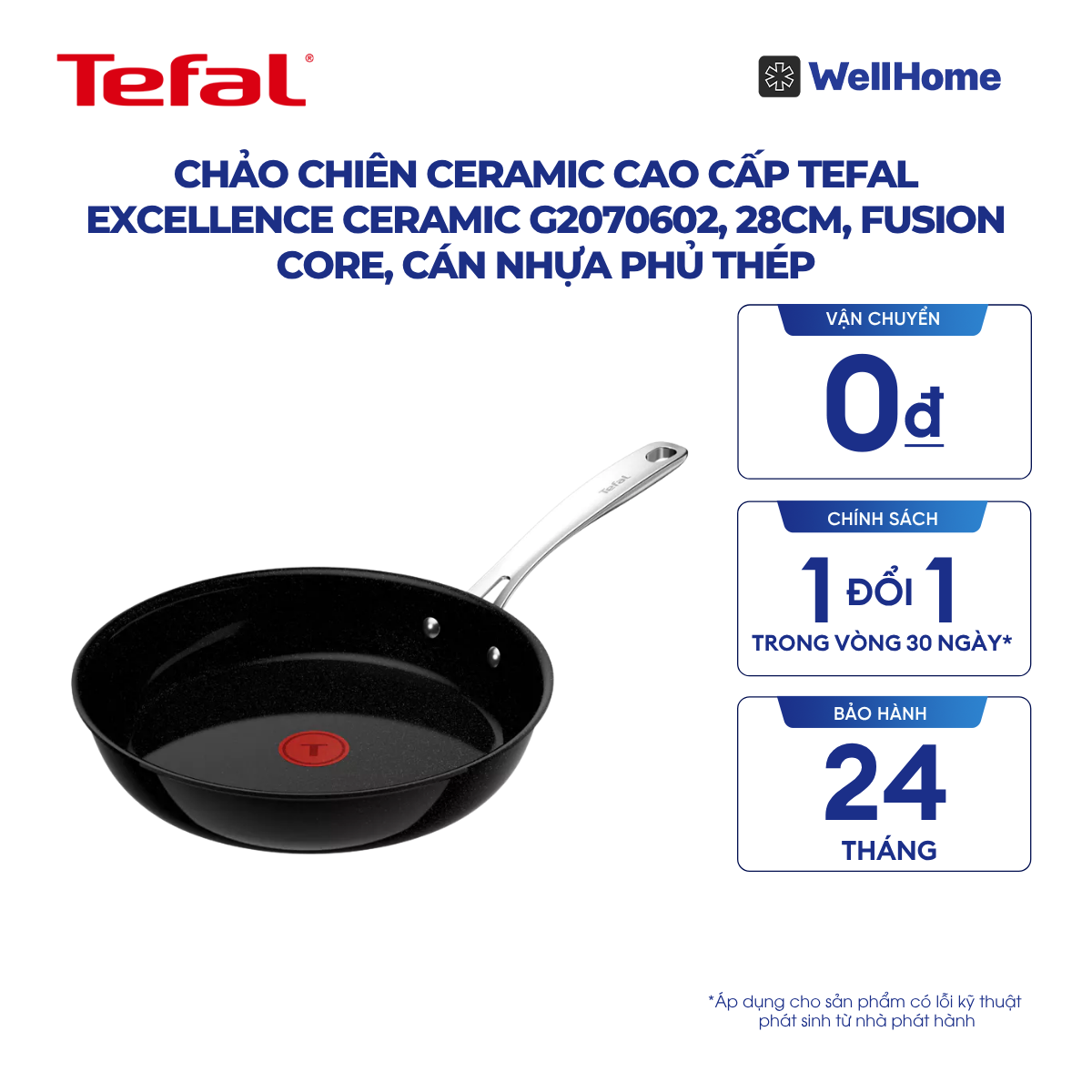  Chảo chiên ceramic cao cấp Tefal EXCELLENCE CERAMIC G2070602, 28cm, Fusion Core, cán nhựa phủ thép 