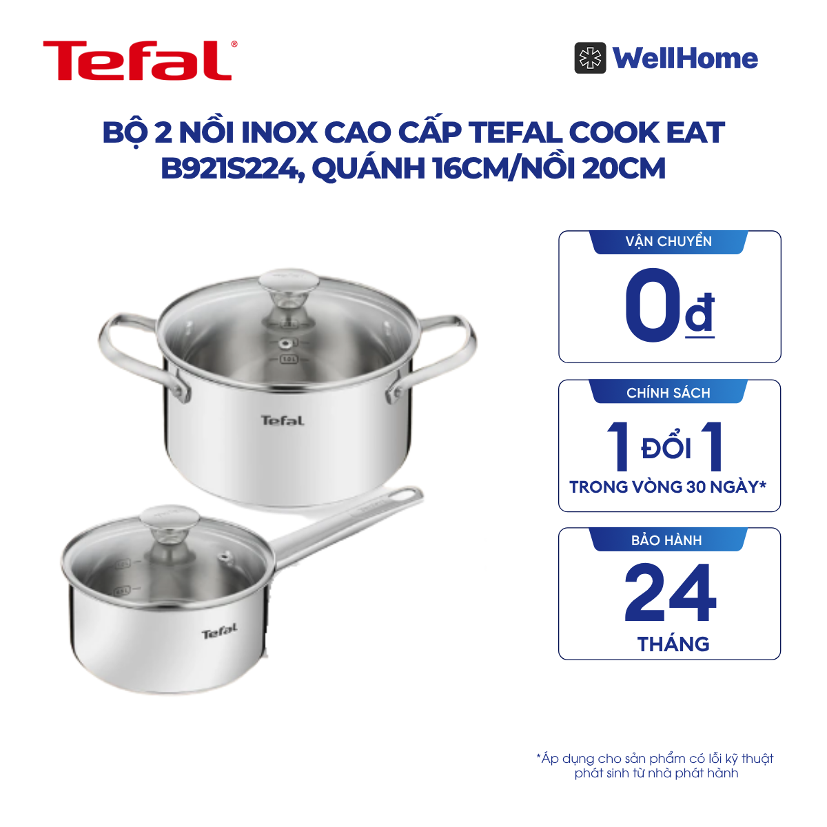  Bộ 2 nồi Inox cao cấp Tefal Cook Eat B921S224, quánh 16cm/nồi 20cm 