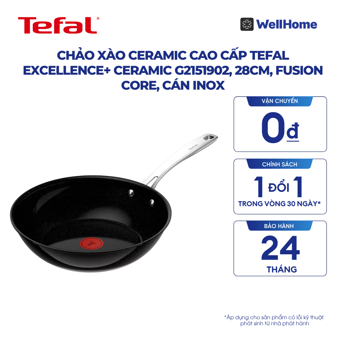  Chảo xào ceramic cao cấp Tefal EXCELLENCE+ CERAMIC G2151902, 28cm, Fusion Core, cán inox 