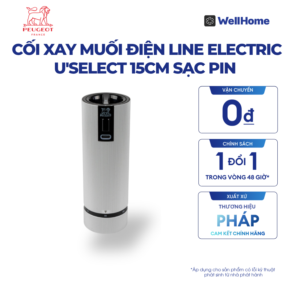  CỐI XAY MUỐI ĐIỆN LINE ELECTRIC U'SELECT 15CM SẠC PIN - MÀU XÁM NHÔM 