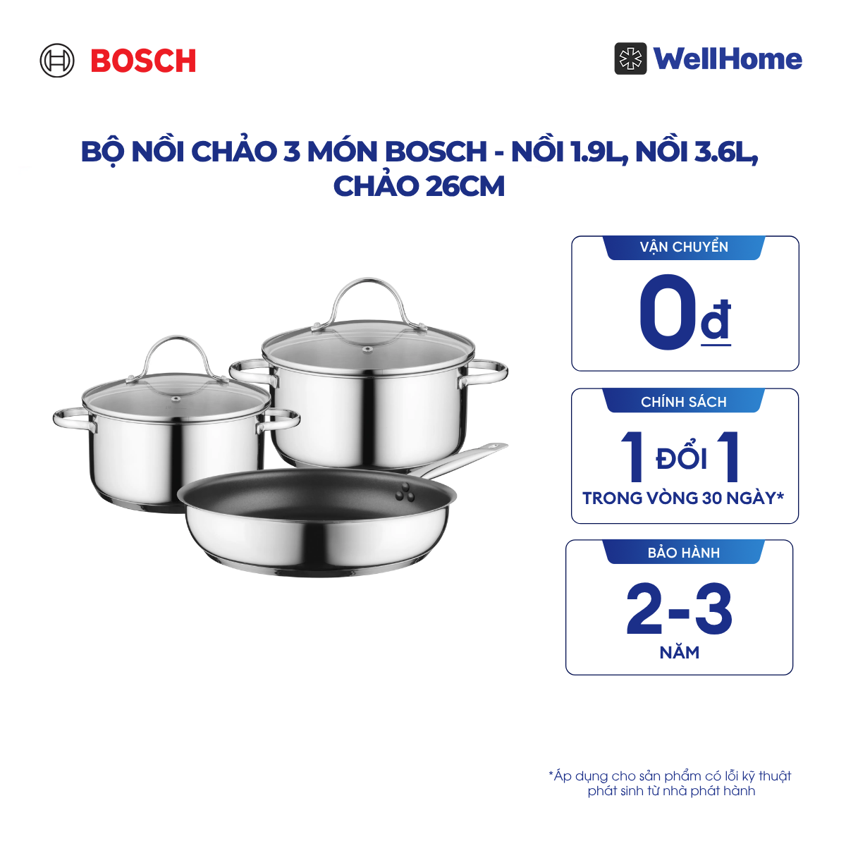  Bộ nồi chảo 3 món Bosch HEZ9SE030 - Nồi 1.9L, Nồi 3.6L, Chảo 26cm 