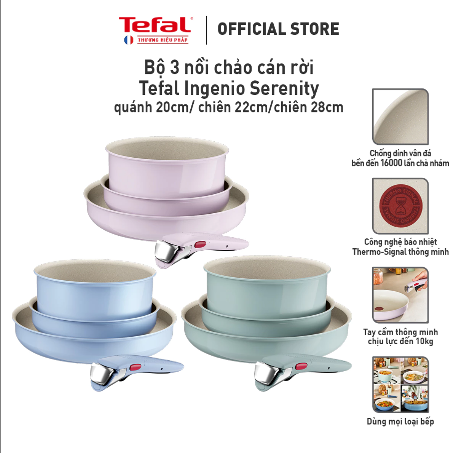  Bộ 3 nồi chảo cán rời Tefal Ingenio Serenity, quánh 20cm/ chiên 22cm/chiên 28cm, xanh lá 