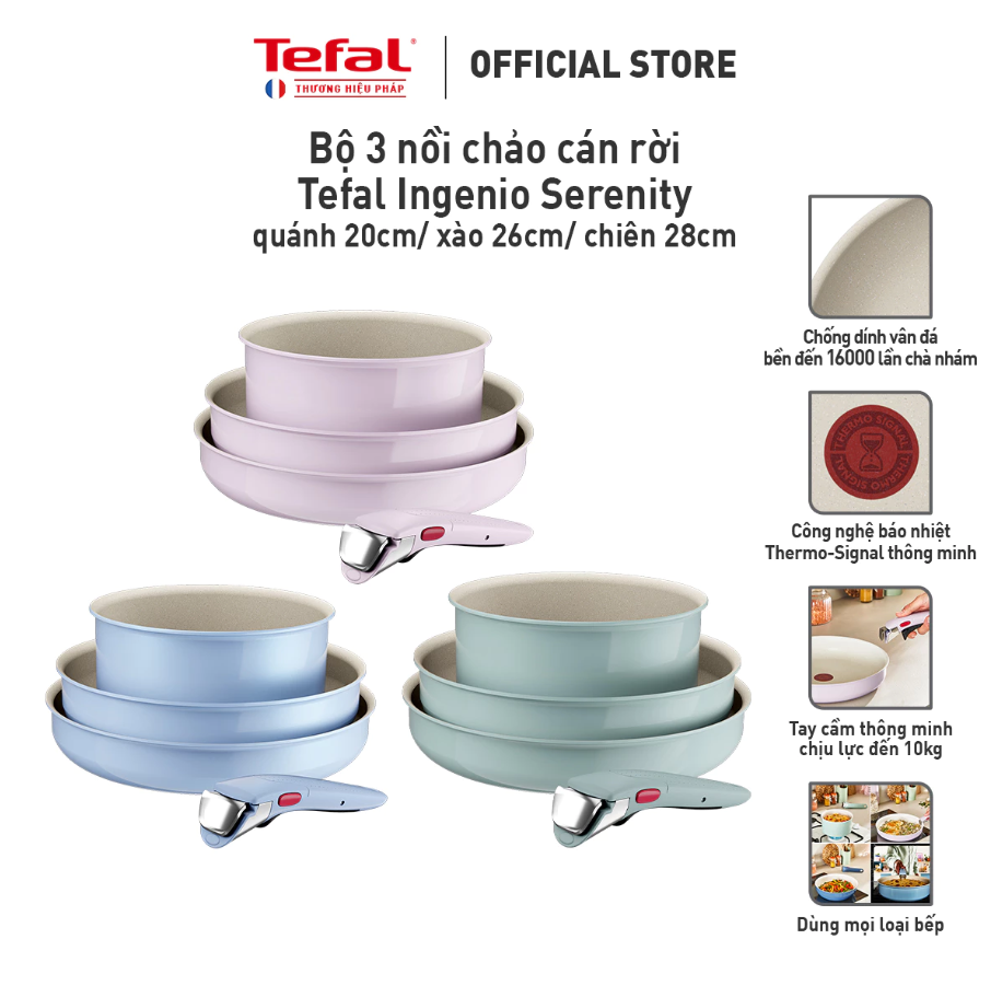  Bộ 3 nồi chảo cán rời Tefal Ingenio Serenity, quánh 20cm/ xào 26cm/ chiên 28cm, hồng 