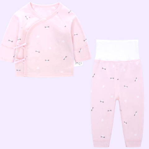  MiracleBaby - Áo sơ sinh tay dài cài lệch nguyên chất Cotton kèm quần cạp cao dày dặn, co giãn, giữ nhiệt tốt, mềm mại 