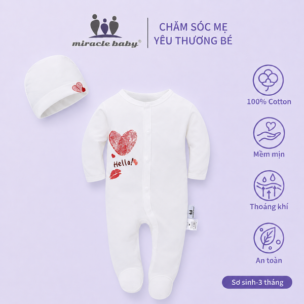  MiracleBaby - Bodysuit kèm nón cho bé sơ sinh Thumb Love 0-3M chất liệu Cotton co giãn, thấm hút mồ hôi, an toàn cho bé 