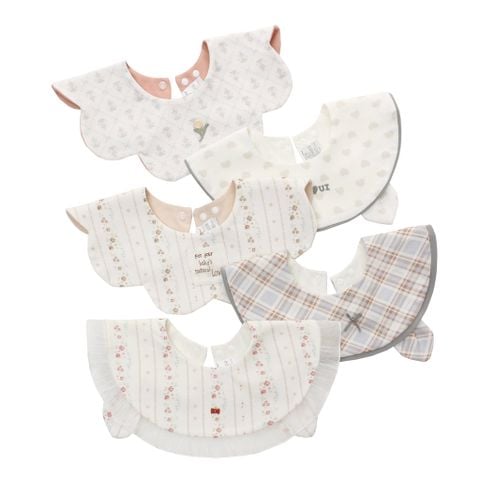  Set 5 Yếm Bib Cao Cấp Cho Bé, Phong Cách Hàn Quốc, Họa Tiết Caro Trái Tim Hoa Nhí, Xinh Xắn Dễ Phối Đồ 