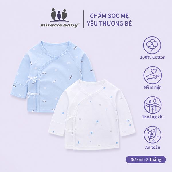  MiracleBaby - Combo 2 áo sơ sinh tay dài cài lệch nguyên chất Cotton mềm mại, thấm hút mồ hôi tốt 