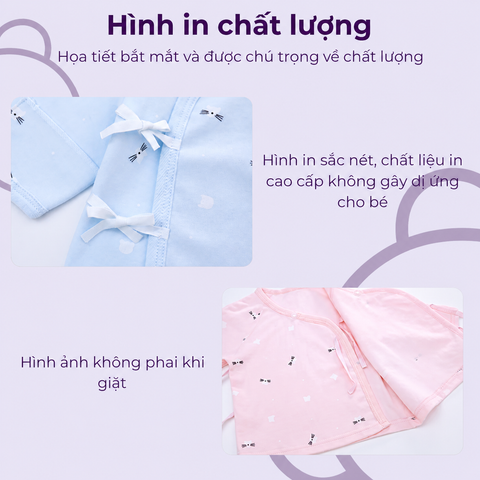  MiracleBaby - Áo sơ sinh tay dài cài lệch nguyên chất Cotton kèm quần cạp cao dày dặn, co giãn, giữ nhiệt tốt, mềm mại 