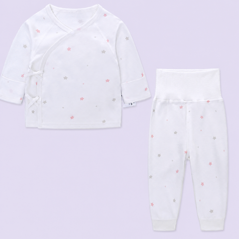  MiracleBaby - Áo sơ sinh tay dài cài lệch nguyên chất Cotton kèm quần cạp cao dày dặn, co giãn, giữ nhiệt tốt, mềm mại 