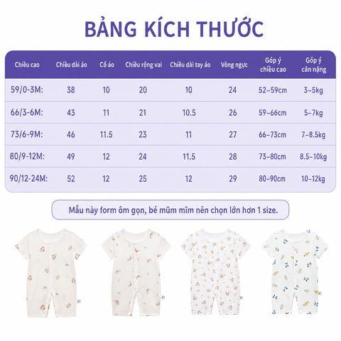  bodysuit cotton đùi cộc mềm mát cho bé 0-24 tháng 